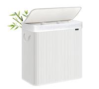 SONGMICS LCB091W01 Laundry Basket 150 L with 3 Sorting Compartments Bamboo Lid Foldable Removable Machine Washable Bag for Laundry Room Bedroom White