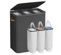 SONGMICS Laundry Basket, 190 L Triple Compartment Laundry Hamper, with Lid and Handles, Removable Liners, Easy Assembly, 64 x 40 x 75 cm, Ink Black LCB814BH01
