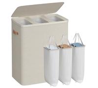 SONGMICS Laundry Basket, 190 L Triple Compartment Laundry Hamper, with Lid and Handles, Removable Liners, Easy Assembly, 64 x 40 x 75 cm, Cappuccino Beige LCB814LH01