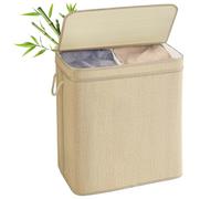 SONGMICS Laundry Basket, 2-Section Laundry Hamper, 130 L Bamboo Clothes Organiser, Removable Liner, Machine Washable Bag, with Lid, Handles, for Bedroom, Living Room, Natural Colour LCB068Y01