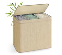 SONGMICS Laundry Basket, 3-Section Laundry Hamper, 170 L Bamboo Clothes Organiser, Removable Liner, Machine Washable Bag, with Lid, Handles, for Bedroom, Living Room, Natural Colour LCB069Y01