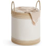 SONGMICS Laundry Basket, Laundry Hamper, Cotton Rope Storage Basket with Handles, for Blankets, Living Room, Bedroom, 60 L, Cloud White and Camel Brown RLH060K01