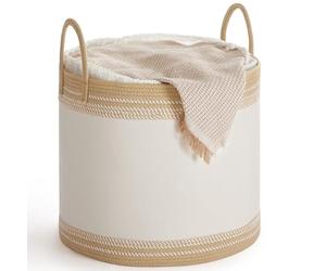 SONGMICS Laundry Basket, Laundry Hamper, Cotton Rope Storage Basket with Handles, for Blankets, Living Room, Bedroom, 90 L, Cloud White and Camel Brown RLH090K011