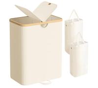 SONGMICS Laundry Basket with 2 Compartments, Laundry Basket, 150 L, Sorter with Lid, Removable Clothes Bags, for Laundry, Bedroom, Living Room, Cream White and Natural Beige LCB523W01