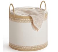 SONGMICS Laundry Basket, Laundry Hamper, Cotton Rope Storage Basket with Handles, for Blankets, Living Room, Bedroom, 90 L, Cloud White and Camel Brown RLH090K011