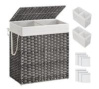 SONGMICS Laundry Basket with Lid, 110L, 2 Compartments, 56 x 33 x 61 cm | Washing Basket, Removable Liners with Handles, Handwoven Synthetic Rattan, Eliott Collection LCB252G01