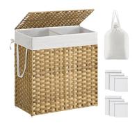 SONGMICS Handwoven Laundry Basket, 110L Synthetic Rattan Divided Clothes Hamper with Lid and Handles, Foldable, Removable Liner Bag, Natural LCB52NL