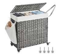 SONGMICS Laundry Basket with Lid, 140 L, 3-Compartment Synthetic Rattan | Rolling Laundry Hamper with Wheels, Removable Liner, 66 x 33 x 66 cm, Dove Grey, Cream White, ELIOTT Collection LCB363G01