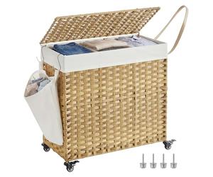 SONGMICS Laundry Basket with Lid, 140 L, 3-Compartment Synthetic Rattan | Rolling Laundry Hamper with Wheels, Removable Liner, 66 x 33 x 66 cm, Yellow and White, Eliott Collection LCB363N01