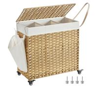 SONGMICS Laundry Basket, Handwoven Laundry Hamper, 140L Rattan-Style Washing Basket with 3 Compartments, Removable Liner, Handles, Lid, Living Ro