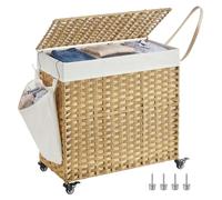 SONGMICS Laundry Basket with Lid, 140 L, Rolling Laundry Hamper with Wheels, 3-Compartment Synthetic Rattan, Removable Liner, for Laundry Room, Bedroom, 66 x 33 x 66 cm, Natural LCB363N01