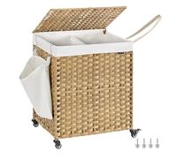 SONGMICS Laundry Basket with Lid, 145 L, Rolling Laundry Hamper with Wheels, 2-Compartment Synthetic Rattan, Removable Liner, for Laundry Room, Bedroom, 56 x 40 x 66 cm, Natural LCB262Y01