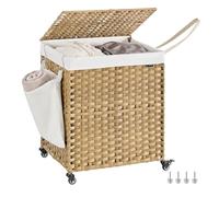 SONGMICS Laundry Basket with Lid, 145 L, Rolling Laundry Hamper with Wheels, 2-Compartment Synthetic Rattan, Removable Liner, for Laundry Room, Bedroom, 56 x 40 x 66 cm, Natural LCB262Y01