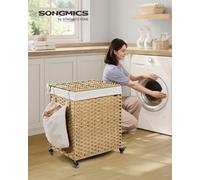 Songmics Laundry Basket With Lid, 145 L, Rolling Laundry Hamper With Wheels, 2-Compartment Synthetic Rattan, Removable Liner