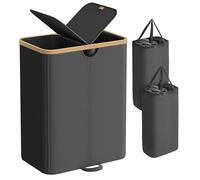 SONGMICS Laundry Basket with 2 Compartments, 150 Liter Laundry Sorter with Lid, Laundry Bin, Removable Laundry Bags, for Laundry Room, Bedroom, Living Room, Ink Black and Natural Bamboo LCB523B01