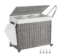 SONGMICS Laundry Basket with Lid, 160 L, Rolling Laundry Hamper with Wheels, 3-Compartment Synthetic Rattan, Removable Liner, for Laundry Room, Bedroom, 70 x 36 x 66 cm, Grey LCB365G01