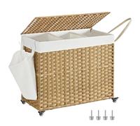 SONGMICS Laundry Basket with Lid, 160 L, Rolling Laundry Hamper with Wheels, 3-Compartment Synthetic Rattan, Removable Liner, for Laundry Room, Bedroom, 70 x 36 x 66 cm, Natural LCB365N01