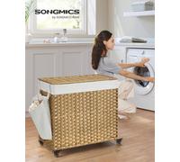 Songmics Laundry Basket With Lid, 160 L, Rolling Laundry Hamper With Wheels, 3-Compartment Synthetic Rattan, Removable Liner