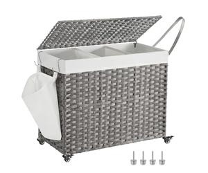 SONGMICS Laundry Basket with Lid, 160 L, Rolling Laundry Hamper with Wheels, 3-Compartment Synthetic Rattan, Removable Liner, for Laundry Room, Bedroom, 70 x 36 x 66 cm, Grey LCB365G01