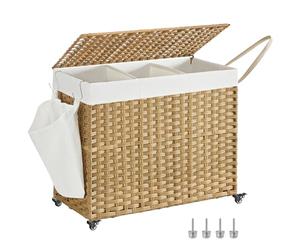 SONGMICS Laundry Basket with Lid, 160 L, Rolling Laundry Hamper with Wheels, 3-Compartment Synthetic Rattan, Removable Liner, for Laundry Room, Bedroom, 70 x 36 x 66 cm, Natural LCB365N01