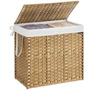 SONGMICS Laundry Basket, 160 L Synthetic Rattan Storage Basket with Lid and Handles, Wicker, Foldable, Removable Liners, for Blankets, Clothes, Living Room, Laundry Room, Natural Colour LCB216Y01