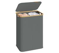 SONGMICS Laundry Hamper with Lid, 2-Compartment Laundry Basket, Oxford Fabric, Foldable, Bamboo Frame, for Bedroom, Living Room, 37 Gal. (140 L), 52 x 38.5 x 70.5 cm, Slate Grey LCB519GN01