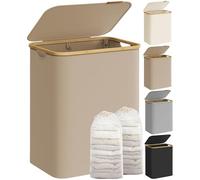 SONGMICS Laundry Basket with Lid, 2-Section Large Laundry Hamper, 130 L, Removable Mesh Liner, Oxford Fabric, Bamboo Handles, Collapsible, 52 x 38.5 x 70.5 cm, Camel Brown LCB513LJ01