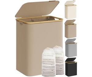 SONGMICS Laundry Basket with Lid, 2-Section Large Laundry Hamper, 130 L, Removable Mesh Liner, Oxford Fabric, Bamboo Handles, Collapsible, 52 x 38.5 x 70.5 cm, Camel Brown LCB513LJ01
