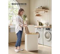 Songmics Laundry Basket With Lid, 2-Section Large Laundry Hamper, 130L, Removable Mesh Liner, Oxford Fabric, Bamboo Handles
