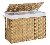 SONGMICS Laundry Basket, 200 L Synthetic Rattan Storage Basket with Lid and Handles, Wicker, Foldable, Removable Liners, for Blankets, Clothes, Living Room, Laundry Room, Natural Colour LCB320Y01