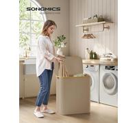 Songmics Laundry Basket With Lid, 3-Section Large Laundry Hamper, 150 L, Removable Mesh Liner, Oxford Fabric, Bamboo Handles