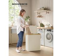 Songmics Laundry Basket With Lid, 3-Section Large Laundry Hamper, 150L, Removable Mesh Liner, Oxford Fabric, Bamboo Handles
