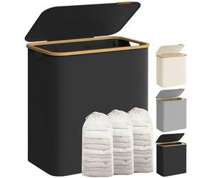 SONGMICS Laundry Basket with Lid, 3-Section Large Laundry Hamper, 150L, Removable Mesh Liner, Oxford Fabric, Bamboo Handles, Collapsible, 60 x 38.5 x 70.5 cm, Ink Black LCB515B01