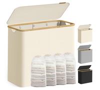 SONGMICS Laundry Basket with Lid, 4-Section Large Laundry Hamper, 200 L, Removable Mesh Liner, Oxford Fabric, Bamboo Handles, Collapsible, 78 x 38.5 x 70.5 cm, Cream White LCB514WD01