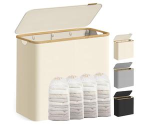 SONGMICS Laundry Basket with Lid, 4-Section Large Laundry Hamper, 200 L, Removable Mesh Liner, Oxford Fabric, Bamboo Handles, Collapsible, 78 x 38.5 x 70.5 cm, Cream White LCB514WD01