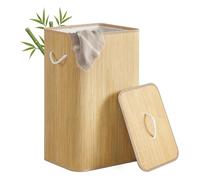 SONGMICS Laundry Basket with Lid, 90 L Bamboo Storage Basket, Rectangular Laundry Hamper with Handles, Collapsible, Removable Machine-Washable Liner, Natural Colour LCB077YZ01