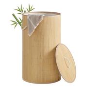 SONGMICS Laundry Basket with Lid, 90 L Bamboo Storage Basket, Round Laundry Hamper with Handles, Collapsible, Removable Machine-Washable Liner, Natural Color LCB078YZ01