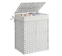SONGMICS Handwoven Laundry Basket, 90L Synthetic Rattan Clothes Hamper with Lid and Handles, Foldable, Removable Liner Bag, White LCB51WT