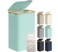 SONGMICS Laundry Basket with Lid, Large Laundry Hamper, 90L, Removable Mesh Liner, Oxford Fabric, Bamboo Handles, Collapsible, 42 x 32 x 70.5 cm, Mint Green LCB509C01