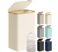 SONGMICS Laundry Basket with Lid, Large Laundry Hamper, 90L, Removable Mesh Liner, Oxford Fabric, Bamboo Handles, Collapsible, 42 x 32 x 70.5 cm, Cream White LCB509W01