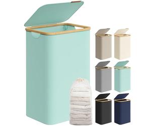 SONGMICS Laundry Basket with Lid, Large Laundry Hamper, 90L, Removable Mesh Liner, Oxford Fabric, Bamboo Handles, Collapsible, 42 x 32 x 70.5 cm, Mint Green LCB509C01