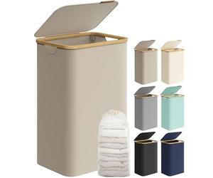 SONGMICS Laundry Basket with Lid, Large Laundry Hamper, 90L, Removable Mesh Liner, Oxford Fabric, Bamboo Handles, Collapsible, 42 x 32 x 70.5 cm, Camel Brown LCB509N01V1