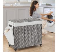 Songmics Laundry Basket With Lid, Rolling Laundry Hamper With Wheels, Clothes Bin, Handwoven, Grey