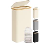 SONGMICS Laundry Basket with Lid, Slim Laundry Hamper, 65L, Space-Saving, Removable Mesh Liner, Oxford Fabric, Bamboo Handles, Collapsible, 42 x 22.5 x 70.5 cm, Cream White LCB506W01