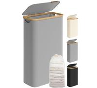 SONGMICS Laundry Basket with Lid, Slim Laundry Hamper, 65L, Space-Saving, Removable Mesh Liner, Oxford Fabric, Bamboo Handles, Collapsible, 42 x 22.5 x 70.5 cm, Dove Grey LCB506G01
