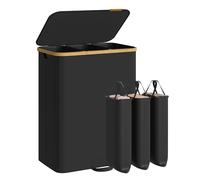 SONGMICS Laundry Basket with Lid, Washing Basket, 44.9 Gal. (170 L) | Removable Liners, Bamboo Frame, for Bedroom, Ink Black and Light Bamboo LCB533BH01