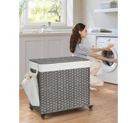 Songmics Laundry Hamper, 3-Compartment Rattan-Style Washing Basket, Handwoven, Removable Liner, Handles, Lid, Grey