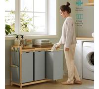 Songmics Laundry Hamper With 3 Compartments And Shelf, Clothes Sorter With Side Pockets And Bags, Dove Grey