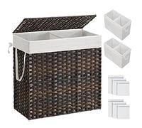 SONGMICS Laundry Hamper with Lid, 130L Clothes Hamper with 2 Removable Liner Bags & 6 Mesh Bags, Poly Rattan Laundry Basket, Double Laundry Hamper for Bathroom, 13 x 26 x 23.6 Inches, Brown ULCB253K01