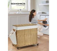 Songmics Laundry Hamper With Lid, 140 L Rolling Laundry Basket With Wheels, 3-Section, Removable Liner, Bedroom, Natural